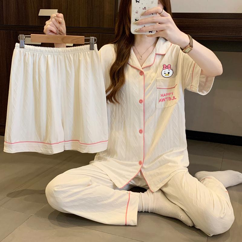 Cute Duck and Duck Imitation Cotton Jacquard Pajamas Women's Summer New Short-sleeved Wind Loungewear Three-piece Set