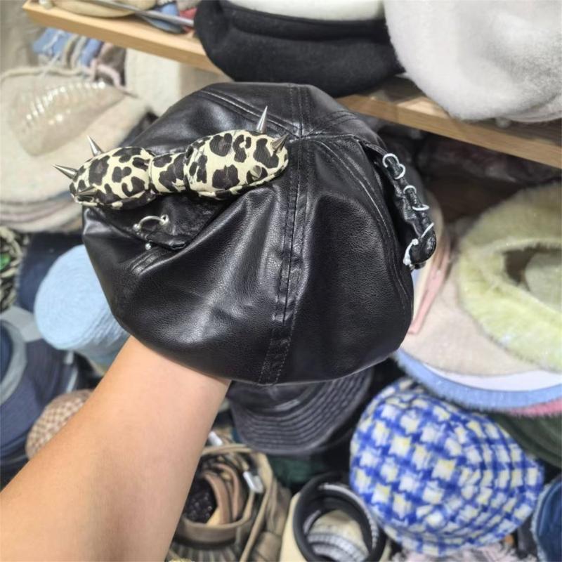 Rivet Studded Beret Hat for Lady Girl Fashion 2000s Octagonal Hat Driver Hat Girl Skull Caps All Matching Rocker Hat