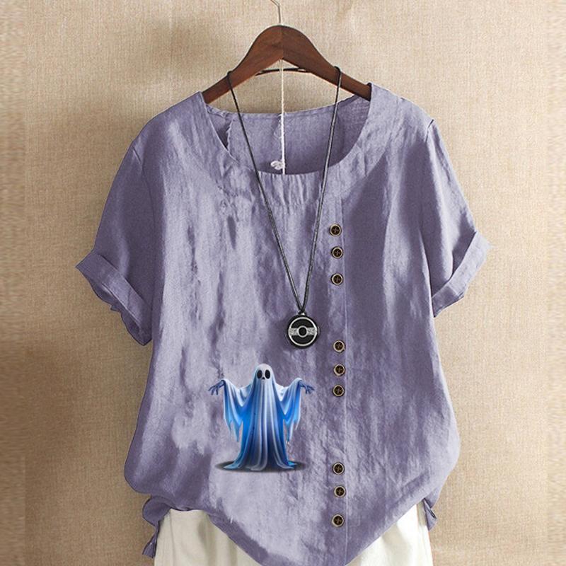Women's Fashion Ghost Prined Round Neck Short Sleeve T-shirt Casual Cotton Linen Graphic Shirt Leisure Loose Summer Blouse Tops
