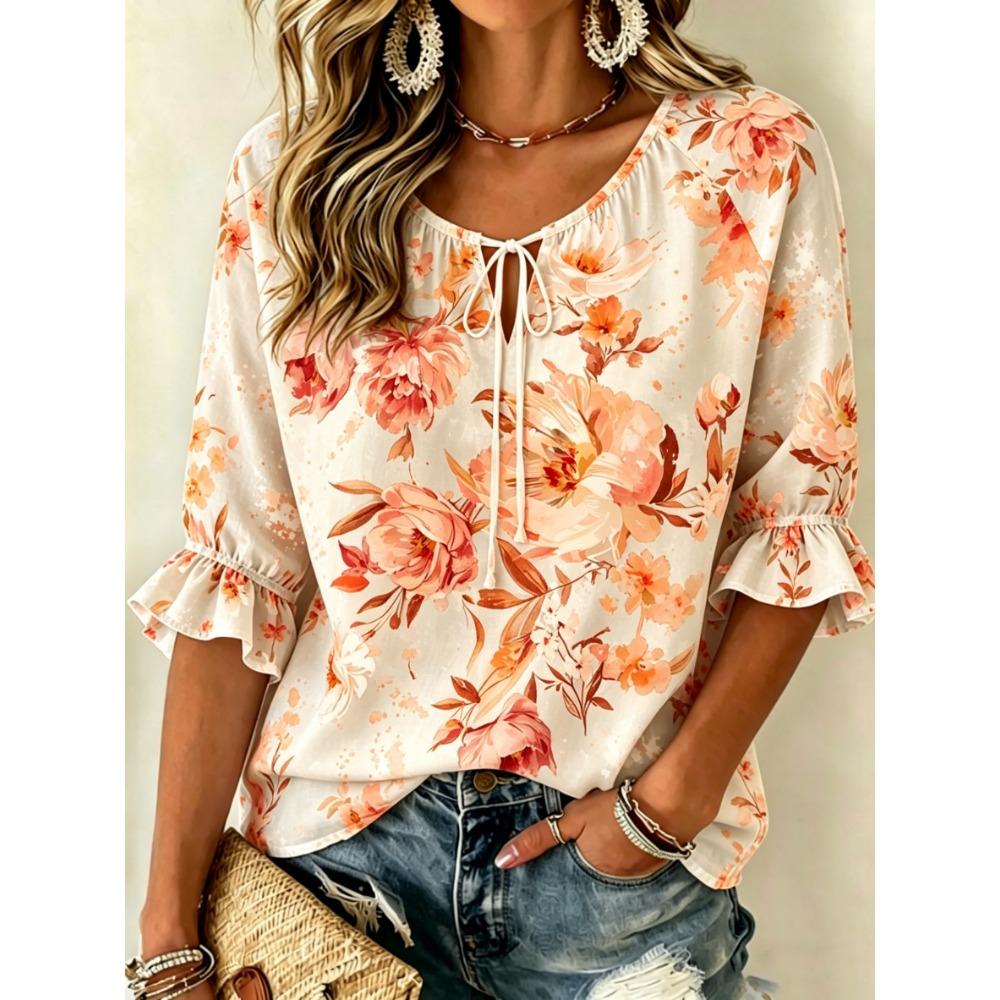 Women's Watercolor Blue Floral Print Tie Front Blouse, Casual Loose Top for Spring Summer Daily