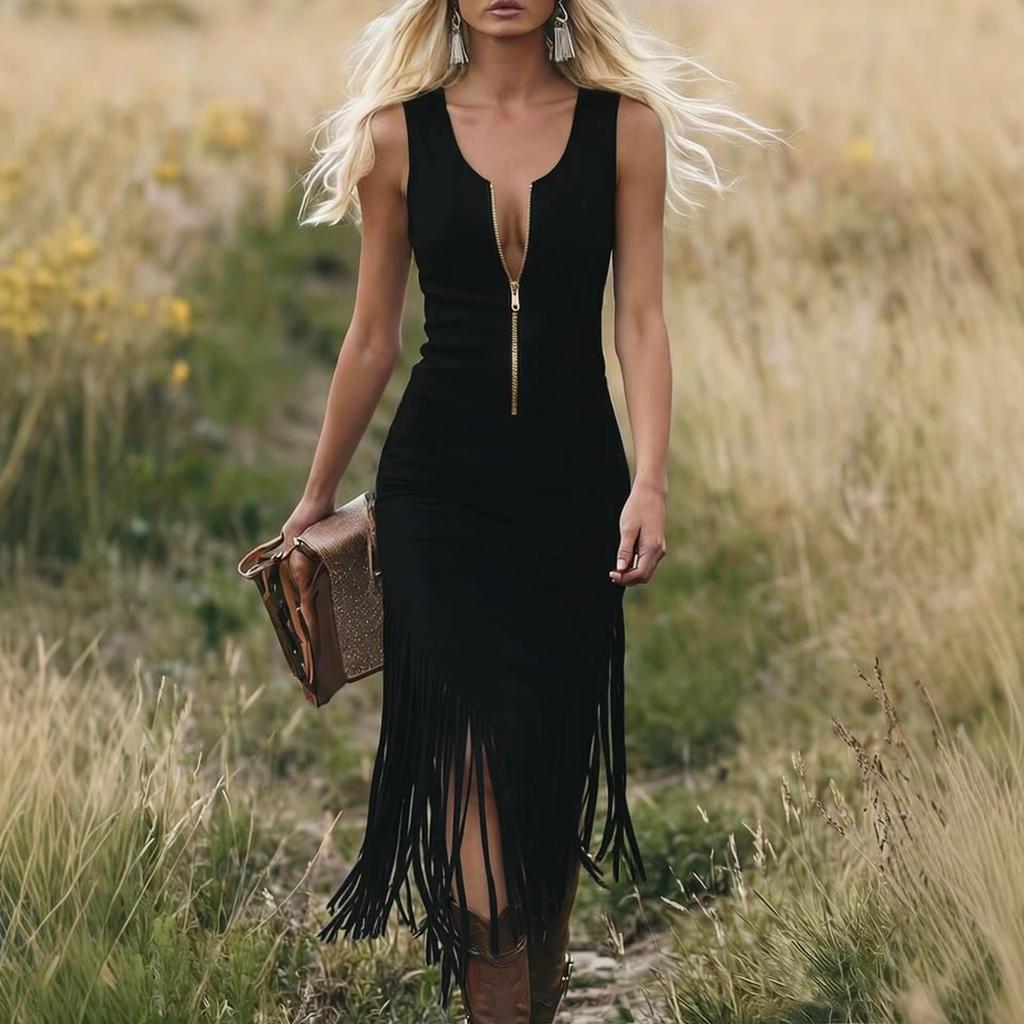 Damen Western Faux Midi Kleid V-Ausschnitt Reißverschluss Ärmellos Fransen Saum Vintage Bodycon Kleid