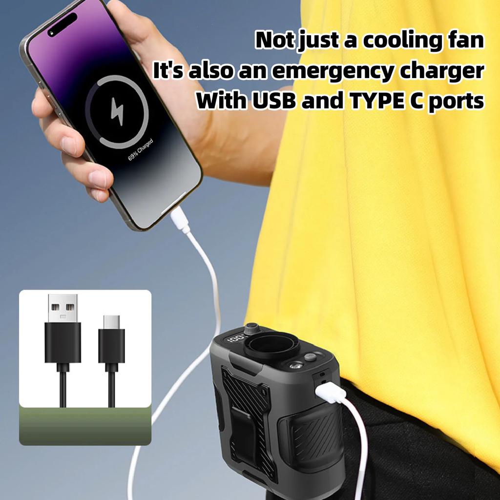 13500 RPM Waist Hanging Fan Waist Fan Clip On with LED Light Stepless Adjustment 40H Cooling Rechargeable Foldable Stand