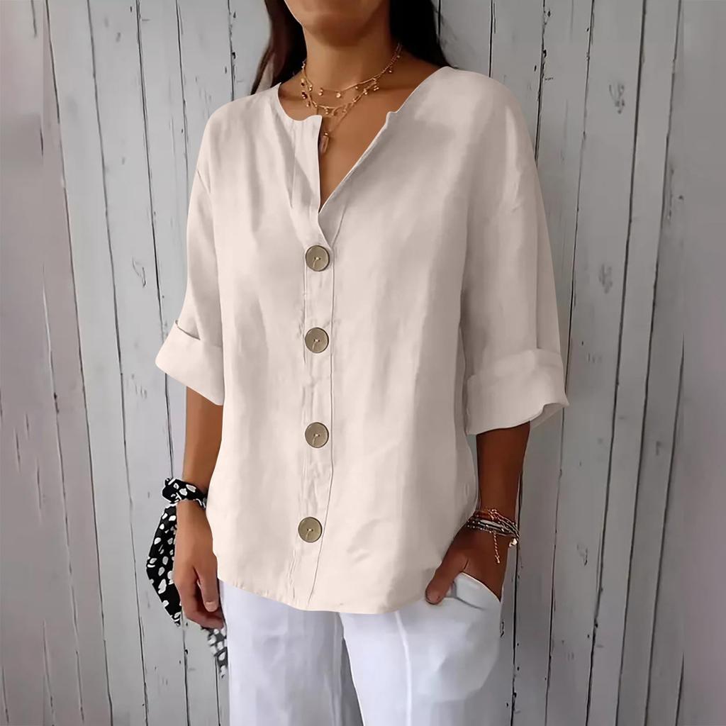 Women's Fashion Casual V-Neck Buttoned 3/4 Sleeve Cotton Linen Top