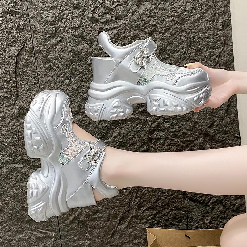 11CM New 2025 Summer Women Sports Sandals Non Slip Soft Breathable Thick Platform Sneakers Heels Bling Comfortable Mesh Sandals