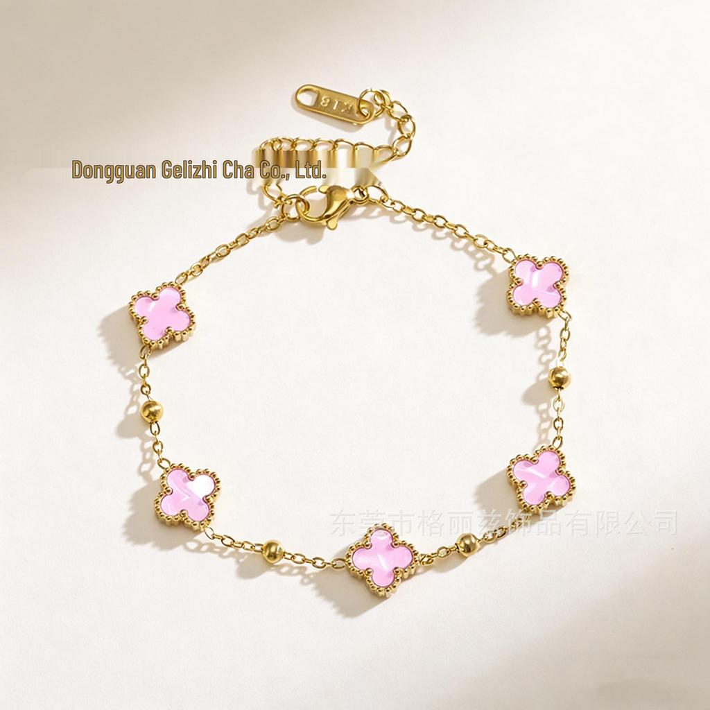 9MM Titanium Steel Colorfast Lucky Clover Bracelet with Shell Four-Leaf Clover Design.