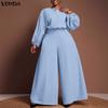VONDA Elegant Women Outfits Puff Sleeve Blouse and Zip-up Trousers Casual Two Piece  Sets