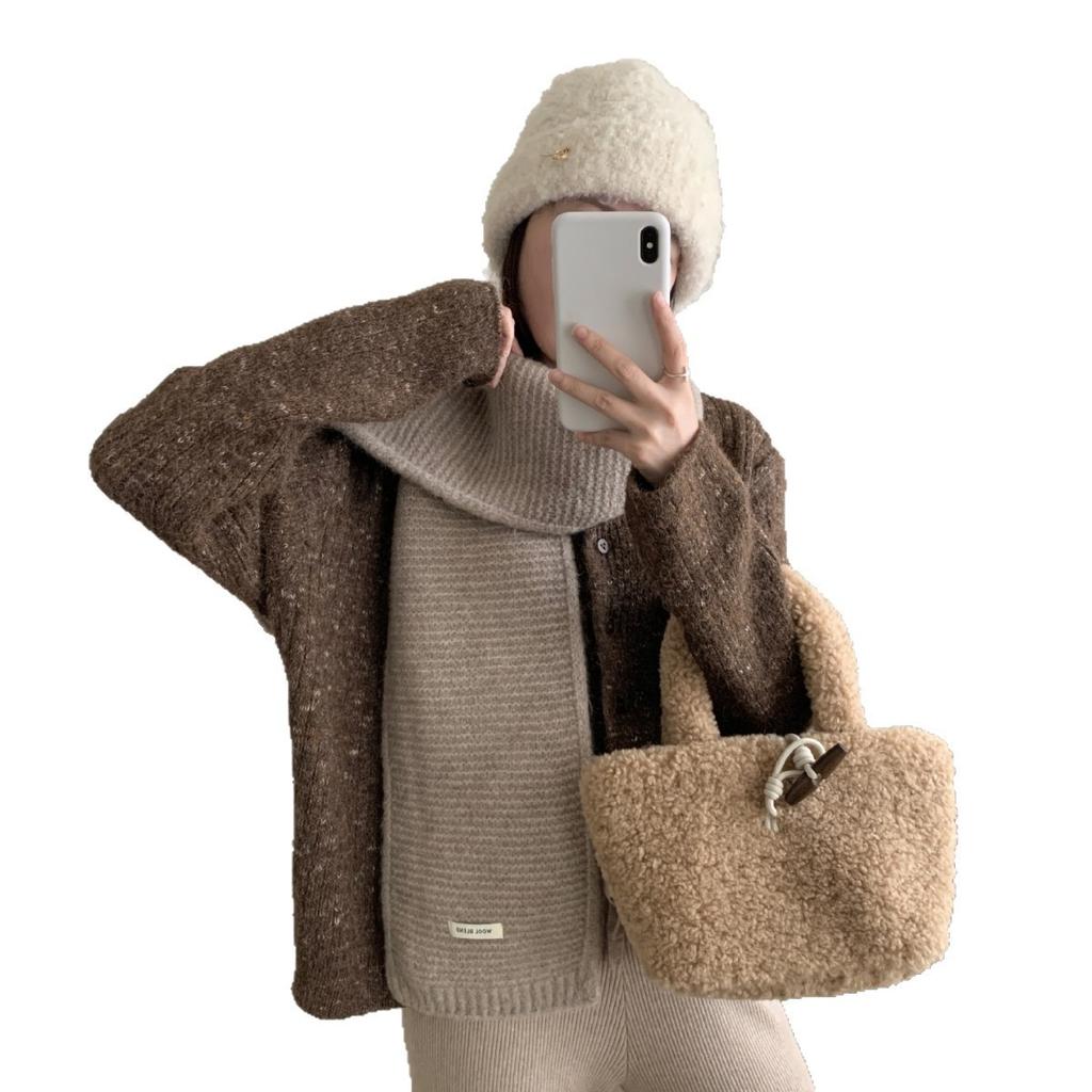 Korean atmosphere scarf autumn and winter women's winter blended scarf light luxury high-end solid color knitted scarf