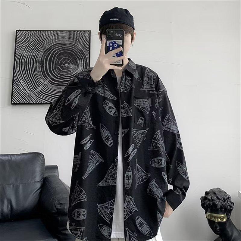 Spring and Autumn Graffiti Long-Sleeved Shirt Men's Printed Ins Fashion Brand Hong Kong Style Japanese Style Students All-Match Fashion Couple's Tops