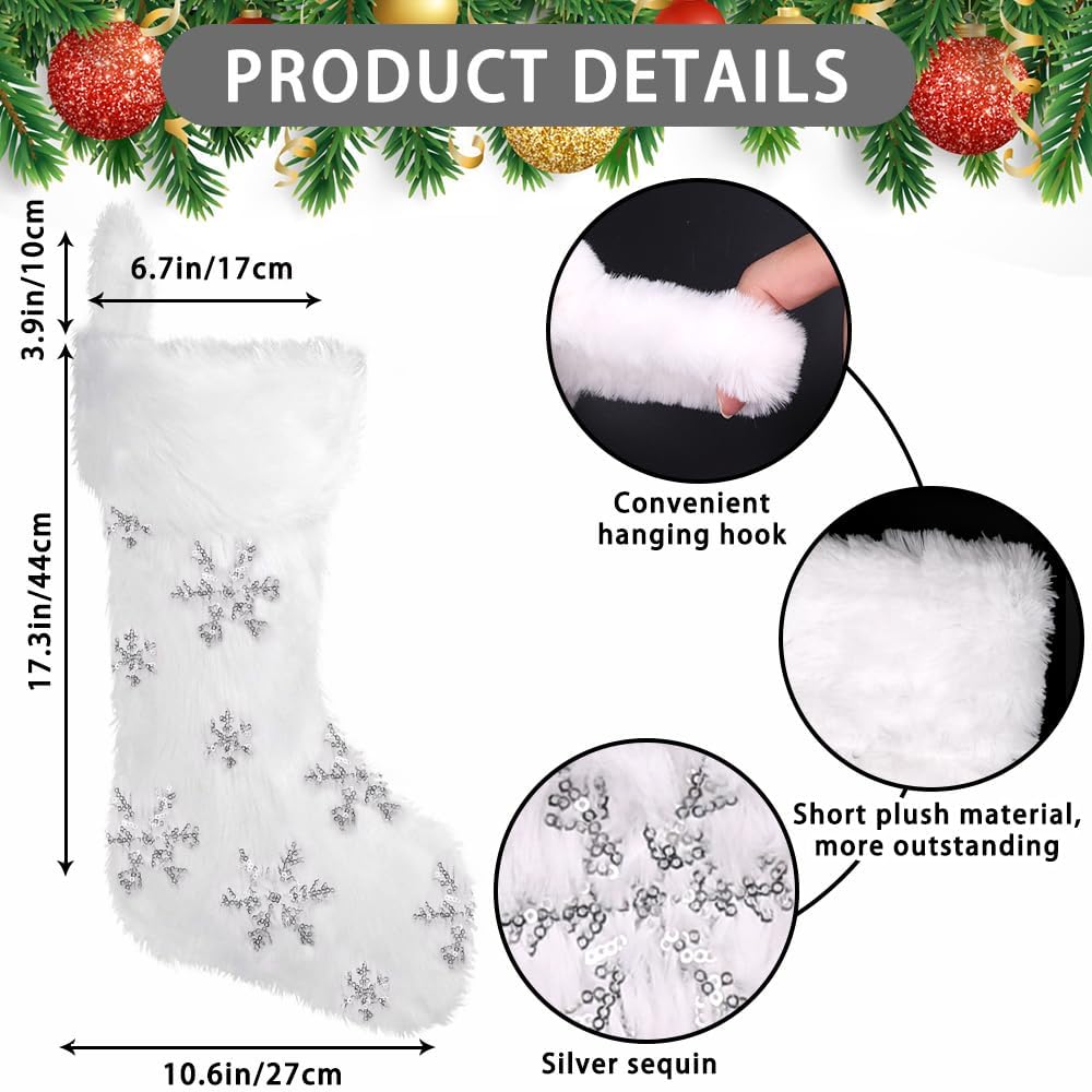 XIMISHOP 4PCS White Christmas Stockings, Large Xmas Glitter Snowflake Plush Hanging Stocking Decoration with Name Tags for Christmas Holiday Family