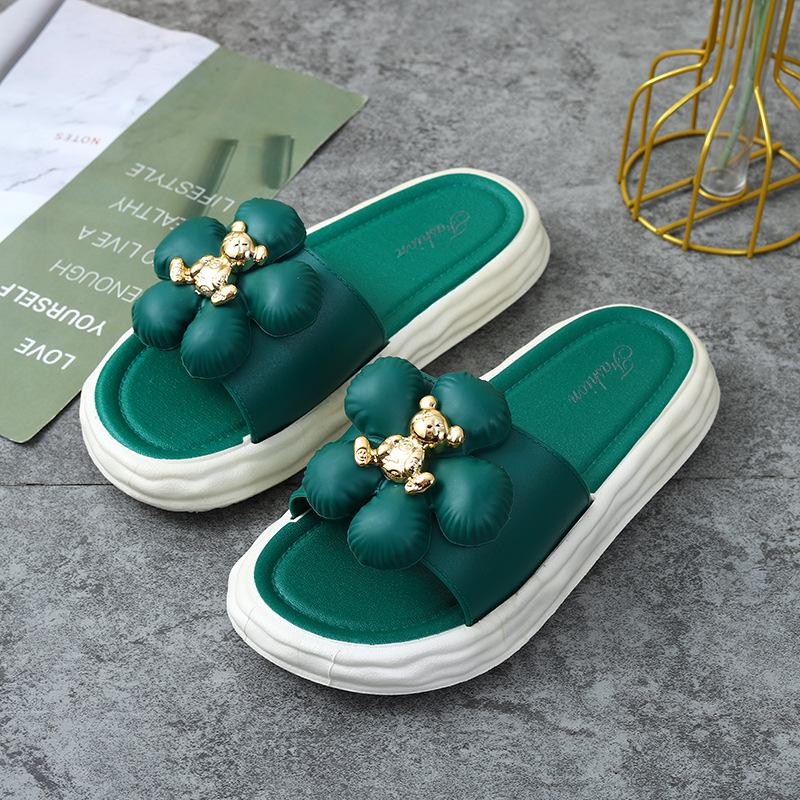

Корейские модные тапочки 2024 года, летние новые высококачественные однорядные классные тапочки на толстой подошве, универсальные цветочные простые женские туфли 40-41 зелёный