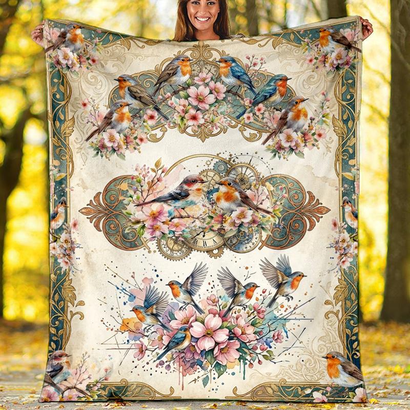 Birds Flowers Flannel Fleece Blanket Cozy Warm Throw Blanket For Couch Bed Travel All Season Use