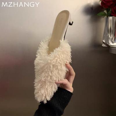 Fur Pointed Toe Women Slippers Fashion Heels Shoes Elegant Woman 2025 Trend Winter Slingback Flip Flops Dress Mujer Snow Boots