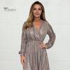 Prom Party Dress Shimmering Sequin Long Lantern Sleeves with Lace-up Strap Elastic Waist V Neck A-line Dating Mini Dress Spring Fall Evening Dress