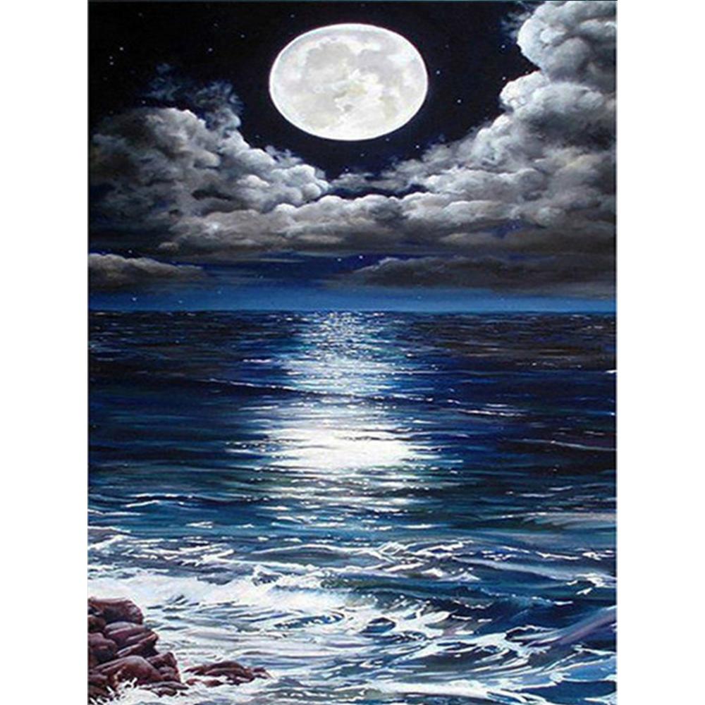 5D Diamond Painting – Kit Quadro Fai Da Te “Spiaggia Al Chiaro Di Luna” – 30x40cm – Diamanti Scintillanti Per Adulti E Bambini