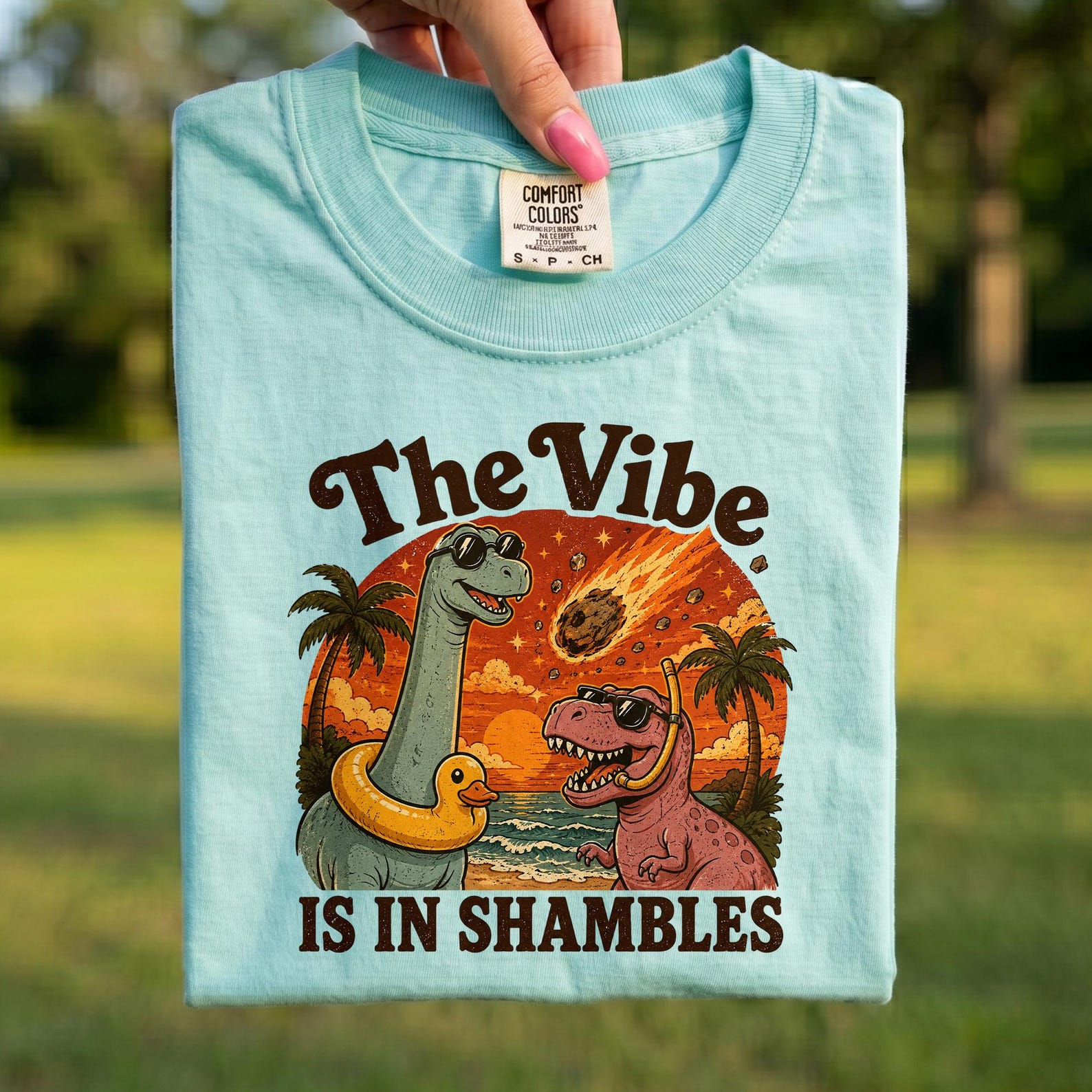 Comfort Colors® - The Vibe Is In Shambles Shirt, Funny Dinosaur Beach Tee, Retro Sunset Meteor Shirt, Sarcastic Funny T-Shirt 3XL