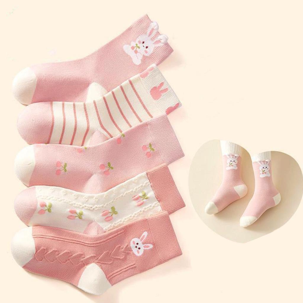 5 Pairs Kids Cotton Socks Cute Rabbit Pattern Mid Tube Warm Socks For Girls Baby Toddler 1-8 Years Spring Autumn Wear