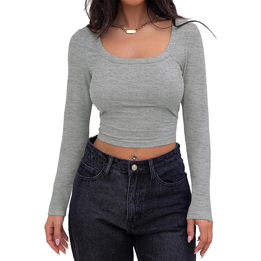 2024 European & American Ribbed Knit Slim Fit Square Neck Long Sleeve Women's T-Shirt