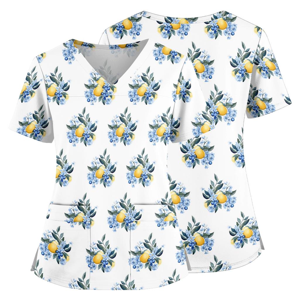 Floral Print V Neck Medical Scrub Top with Pockets Side Slits Short Sleeve Nurse Uniform Shirt for Women Comfortable Fit