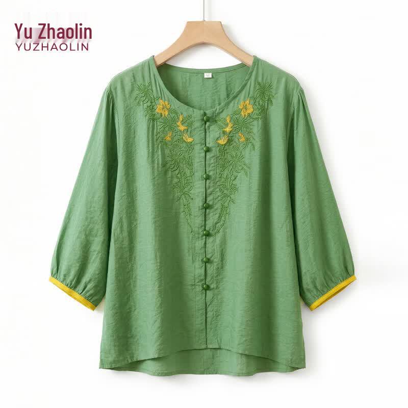 YUZHAOLIN Women s New Chinese Style Embroidered Seven-Sleeve Top & Set 2XL