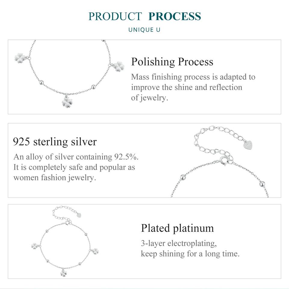 BAMOER 925 Sterling Silver Plain Lucky Four-Leaf Clover Adjustable Bracelet Korean Style Chain Link for Women Birthday Gift