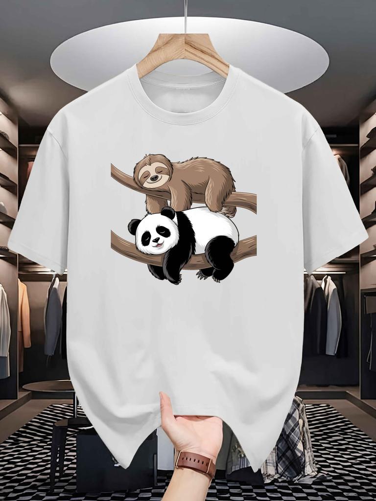 Unisex Crew Neck Tee Lazy Sloth Panda Cute Cartoon Graphic Print Soft Cotton Loose Short Sleeve Summer Casual Male Streetwear Tops