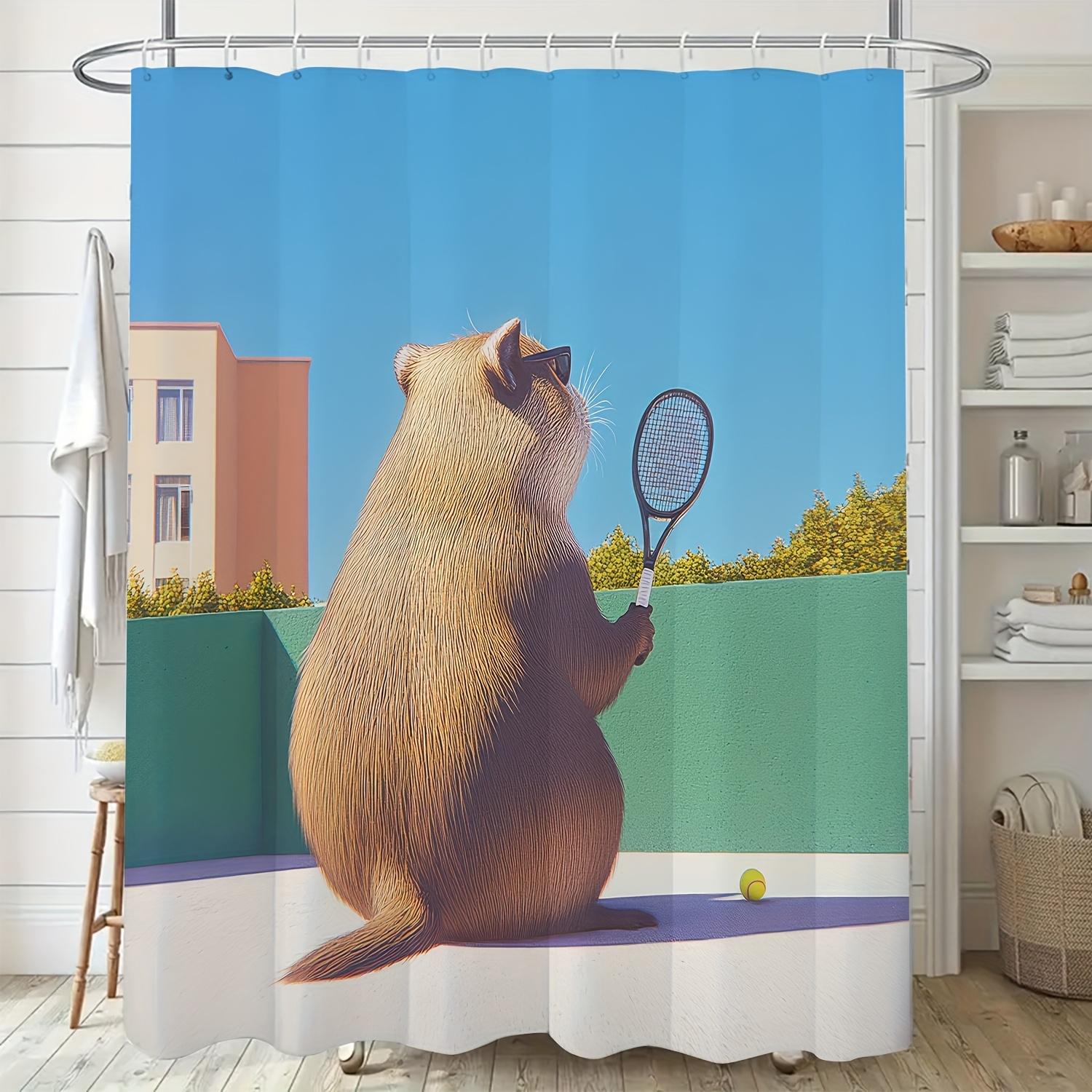 

1pc Whimsical Cartoon Otter Tennis Shower Curtain - Polyester Bathroom Decor with Vibrant Digital Print, Machine Washable 90x180cm35x71in