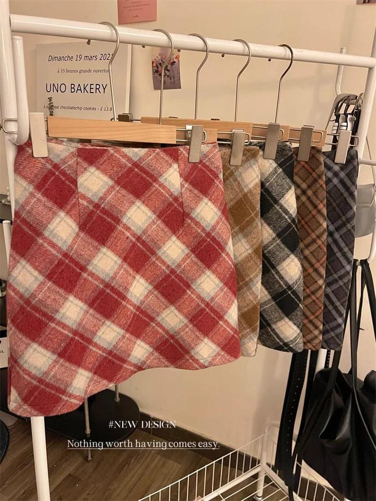 Plus Size Women's High Waist Retro Plaid Wool Mini Skirt