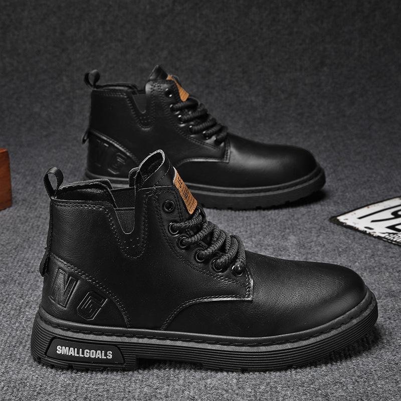 

2024 autumn men s casual short boots British style high-top lace-up leather surface Martin boots trendy brand retro casual leather shoes 44 чорний