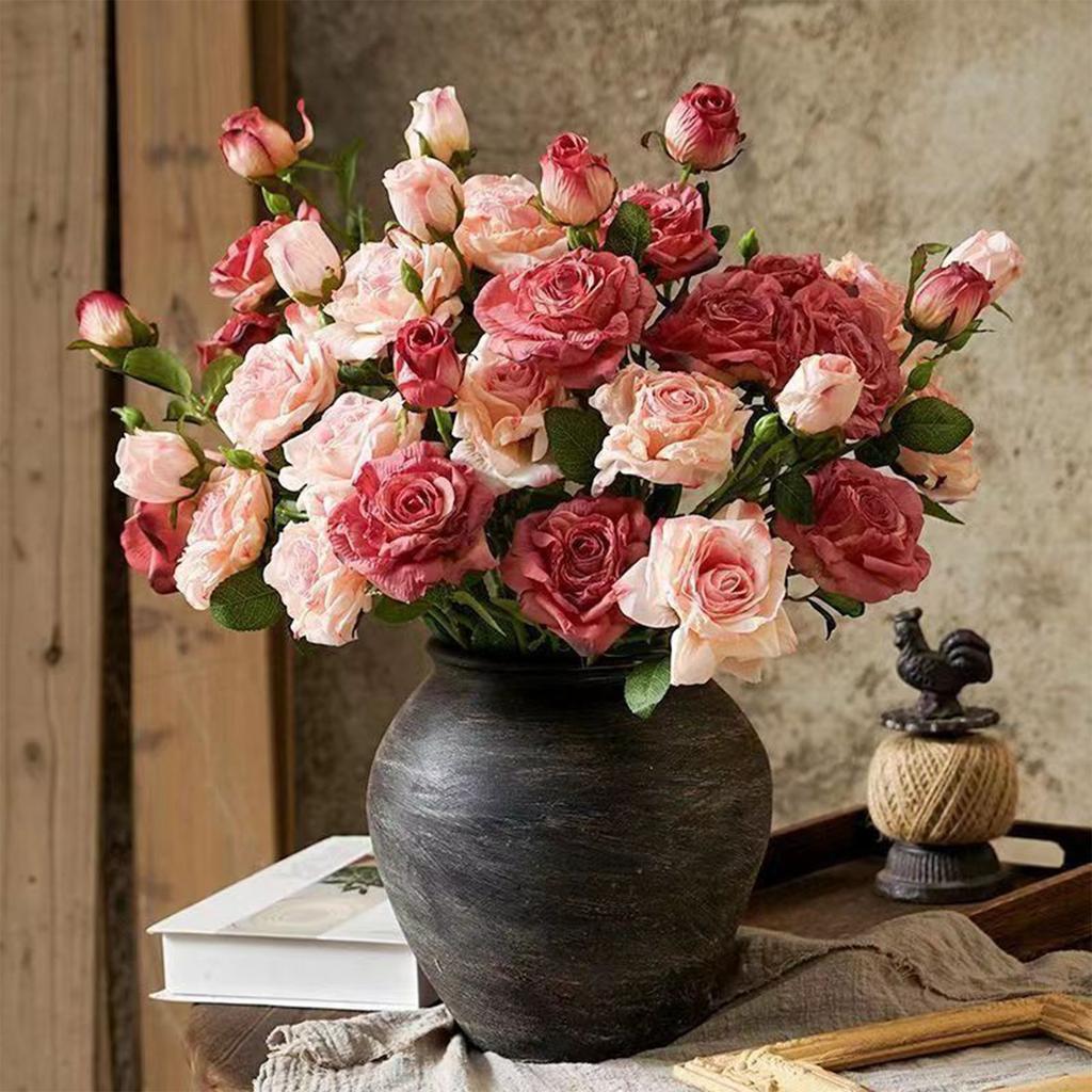 Artificial Single Stem with 3 Heads and Burnt Eges Rose,Faux Silk Artificial Flowers,DIY Artificial Flowers for Home Living Room