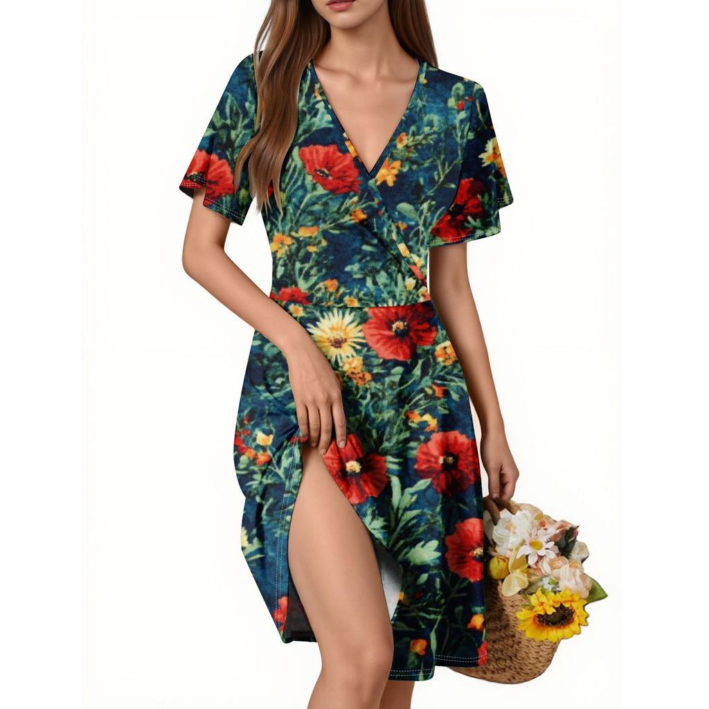 Damenkleid Trompetenärmel Kurzarm Lässiges Blumenkleid mit V-Ausschnitt