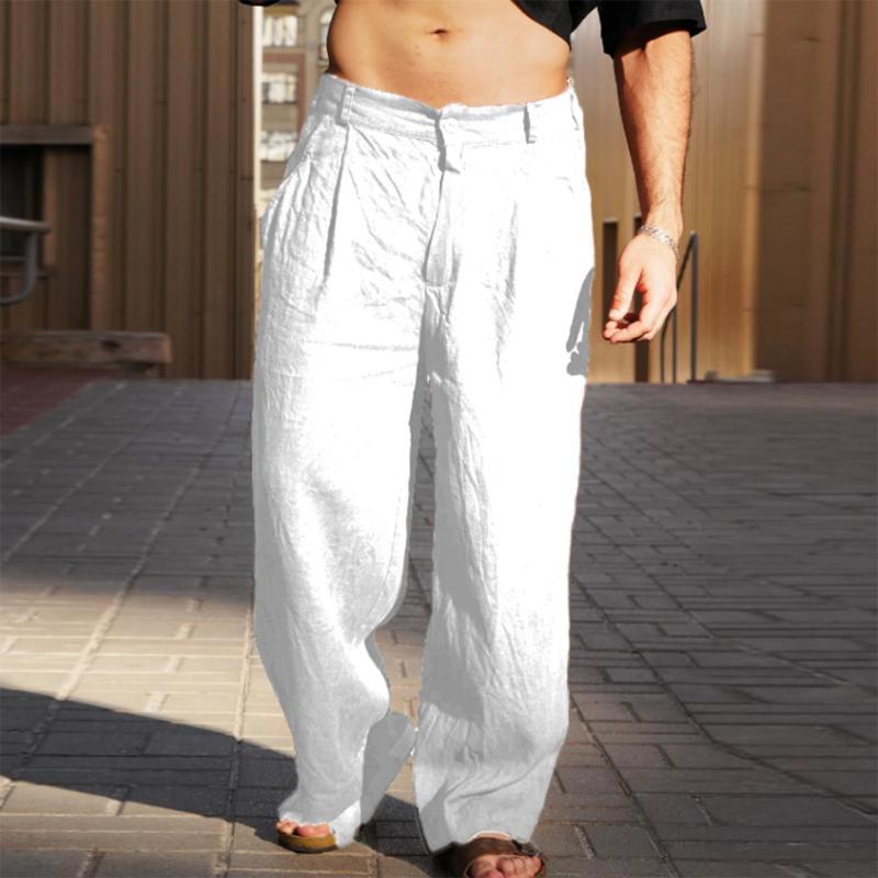 Pantaloni larghi dritti da uomo, casual, autunnali, larghi, tinta unita, in cotone e lino, vintage, a vita media