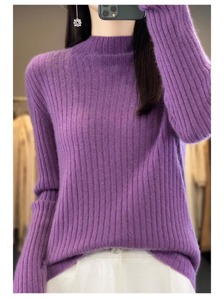 2024 Autumn/Winter Women's Pure Wool Half-High Collar Ribbed Sweater - Slim, Versatile, and Loose-Fitting Knit Top