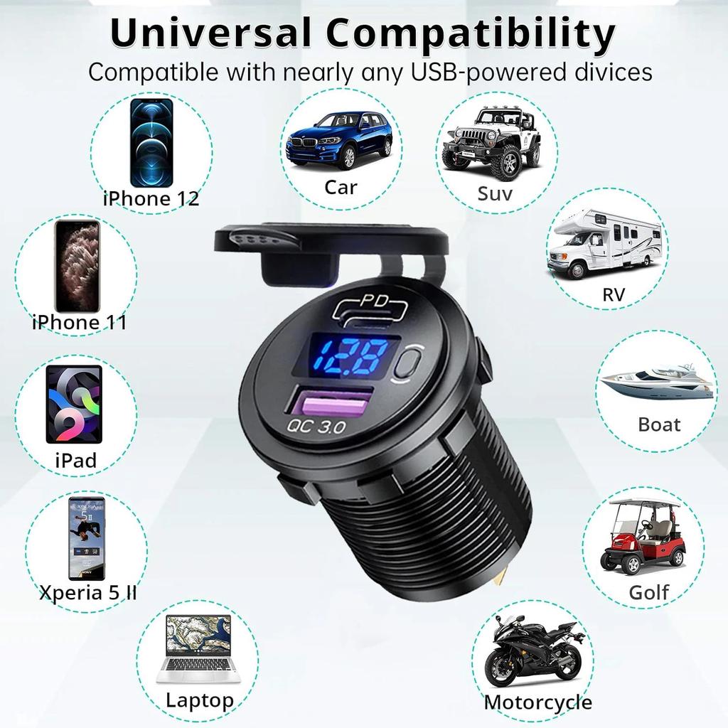 12V Car Fast Charger Power Socket QC3.0 and PD USB Port Car Charger Adapter with LED Voltmeter and On/Off Switch