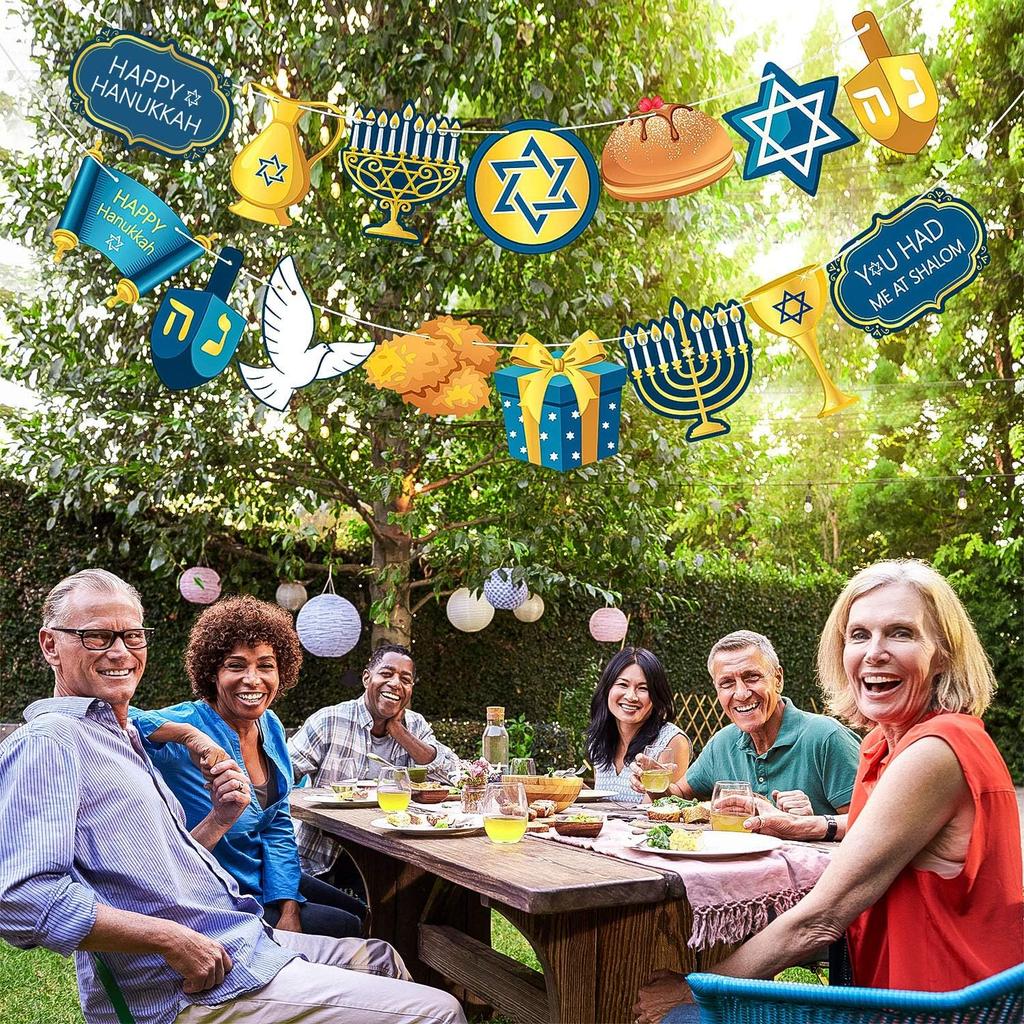 Blulu Hanukkah Decorations Banner Pre-assembled Chanukah Garland Happy Hanukkah Banner Backdrop Props for Home Indoor Holiday Party Decor Supplies