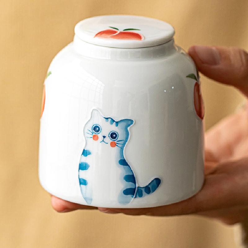 Keramická víčka na čajové plechovky Uzavřená nádoba Ručně malovaná Kočka Keramická Odolná proti vlhkosti Čajová stodola Čajové příslušenství Úložný prostor Květinová dóza Úložný box