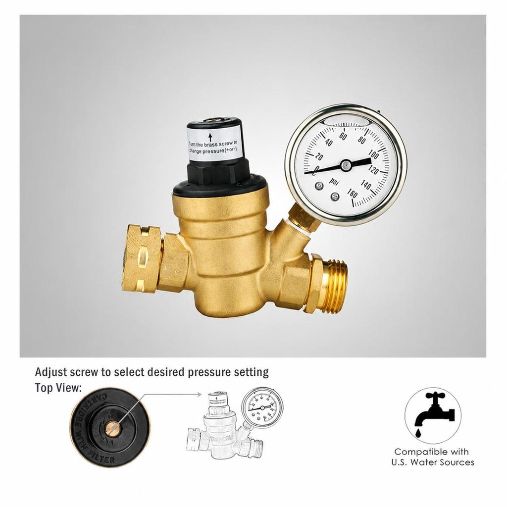 RV Water Pressure Regulator Adjustable Water Pressure Regulator Pressure Gauge-Equipped Pressure Reducing Valve NH3/4 Thread Brass Pressure