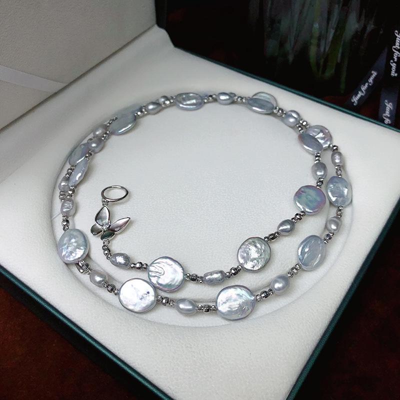 Haze Blue Baroque Pearl Necklace with Butterfly Clasp