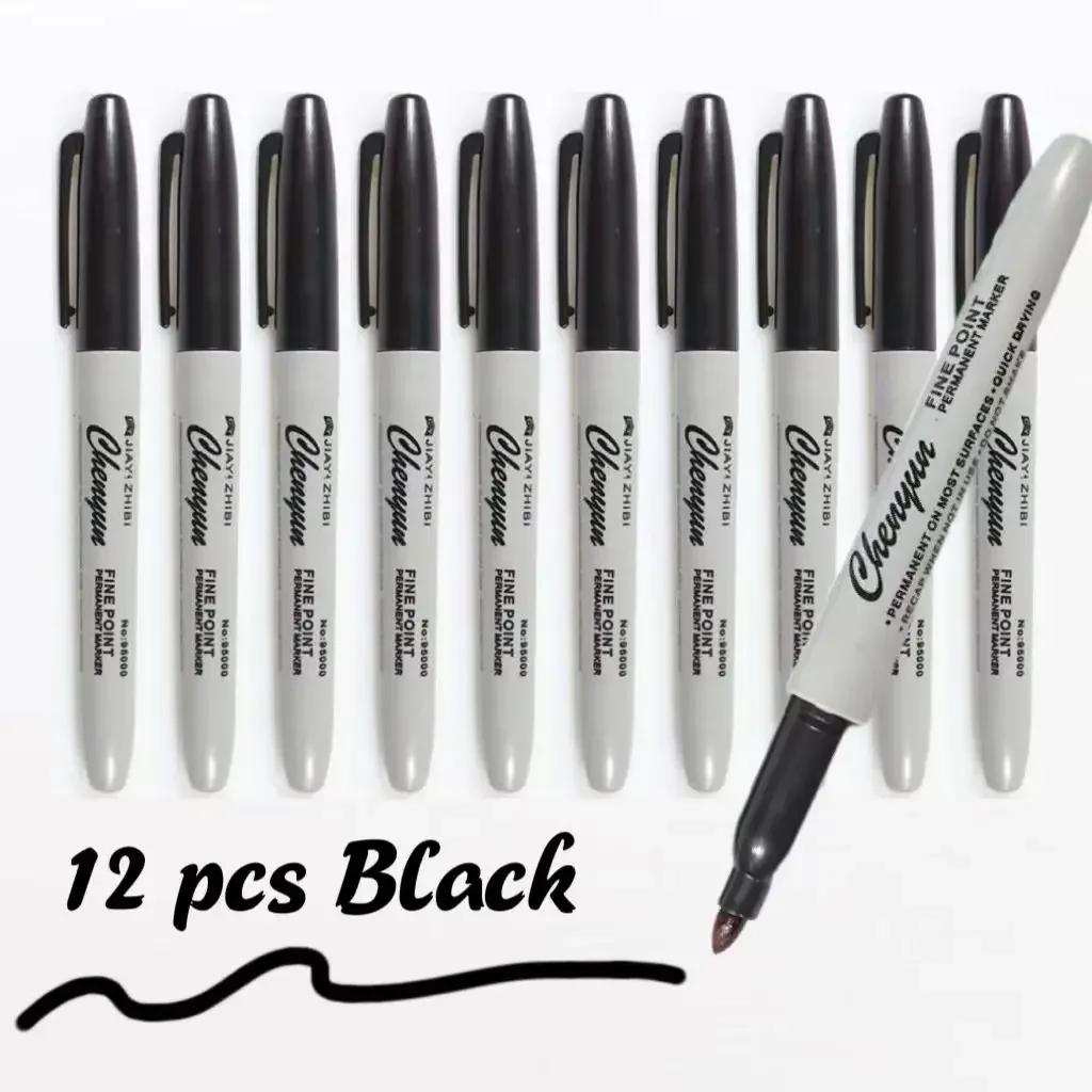 12pcs Black Permanent Marker Pens, Fine Tip, Waterproof, Quick Drying.