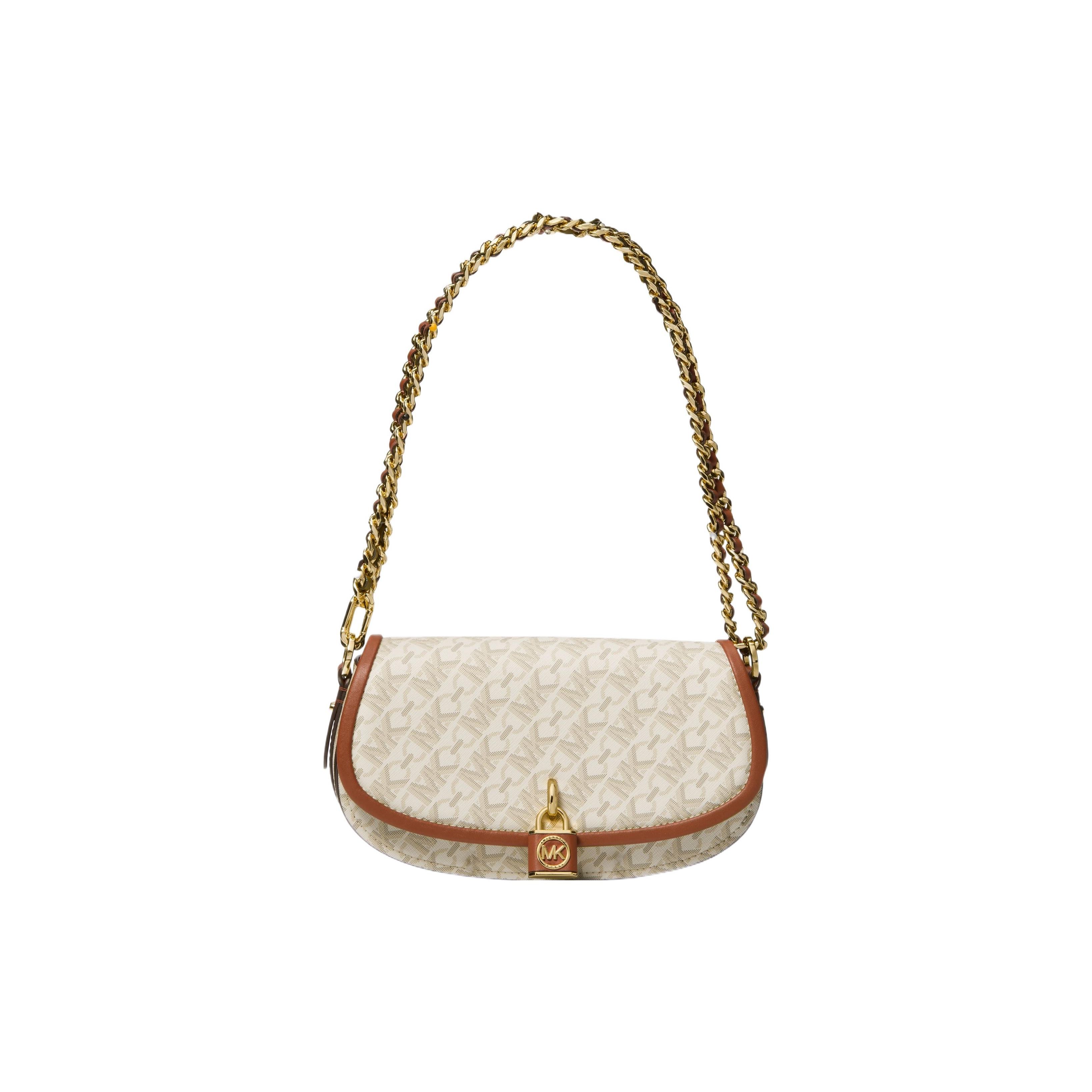 

Michael Kors MK Mila Striped Letter Classic Print Chain Lock Saddle Bag Women Shoulder Bag Vanilla-White Acorn-Brown 30H3GIMM1B-VANILLA-LUGG Basic Set (Bag+Dust Bag)
