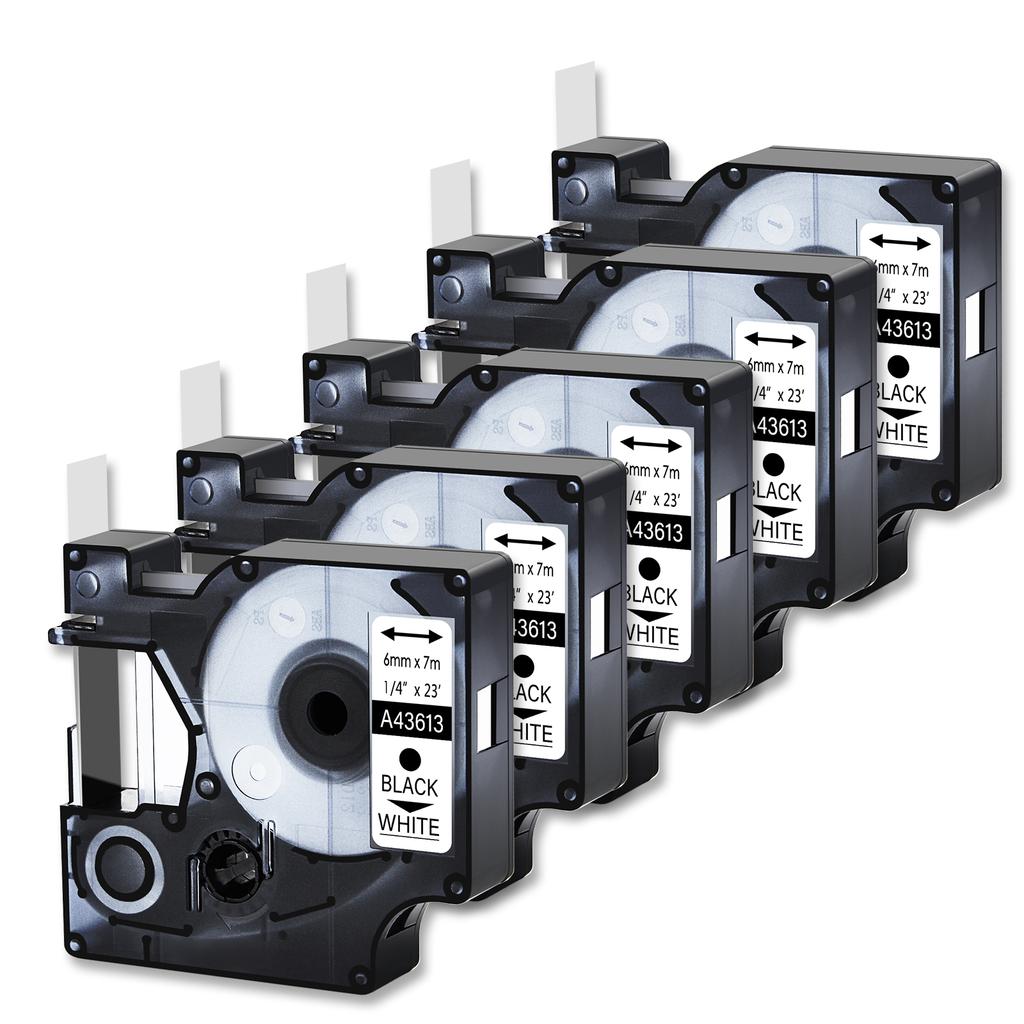 5PK 6mm D1 Standard Tape Labels Compatible for Dymo 43613 Black On White Laminated Labels for LabelWriter Duo 3M PL100 Printers