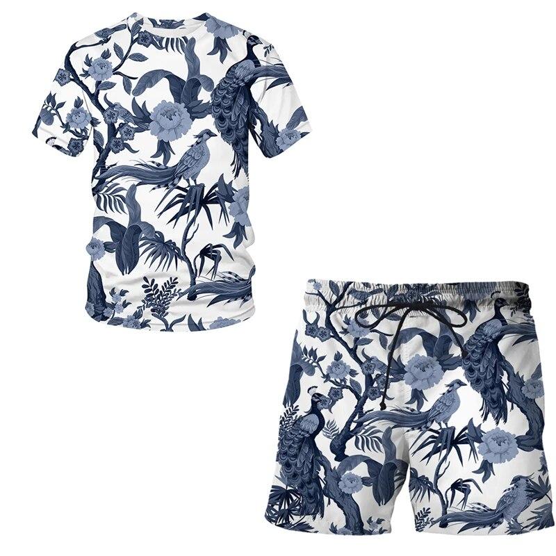 Estetyczny ptak i roślina 3D Print męskie koszulki z okrągłym dekoltem luźna koszulka z krótkim rękawem dwuczęściowy zestaw moda letnia odzież męska
