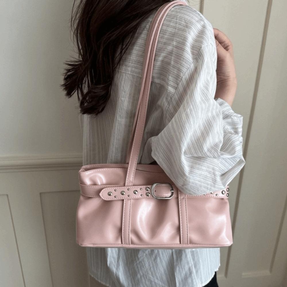 Rivet Belt Buckle Underarm Bag Large Capacity Tote Bag Trendy PU LeatherShoulder Bag Commute