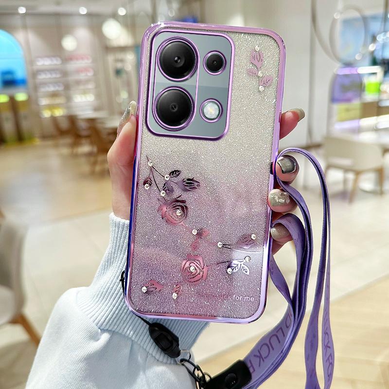 KADEM Phone Case For Xiaomi Redmi Note 13 Pro 4G/Note 14S 4G/Poco M6 Pro 4G,Flower Pattern TPU Gradient Cover with Lanyards
