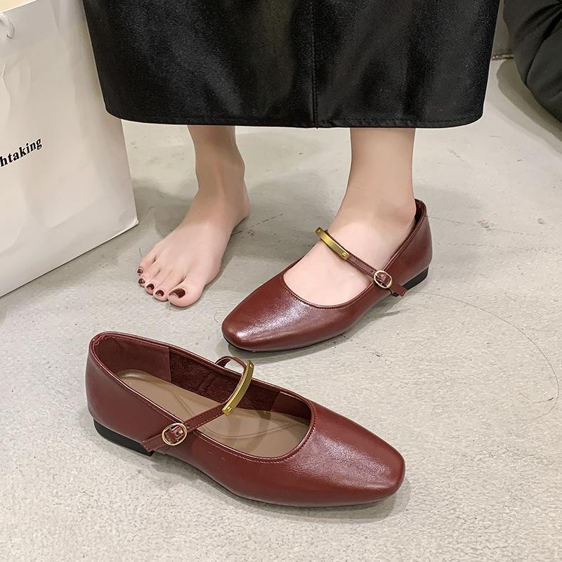 French square head Mary Jane shoes women's flat 2025 spring retro style soft leather low-heeled single shoes light mouth fashion women's shoes