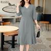ZANZEA Women Casual V-Neck Solid Color Short Sleeve A-line Dress