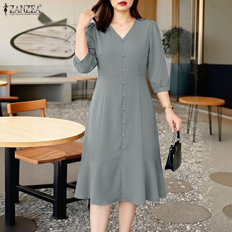 ZANZEA Women Casual V-Neck Solid Color Short Sleeve A-line Dress