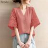 ZANZEA Women Casual V-Neck Loose Lace Splice 3/4 Sleeve Blouse