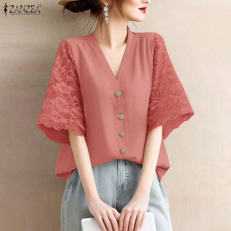 ZANZEA Women Casual V-Neck Loose Lace Splice 3/4 Sleeve Blouse