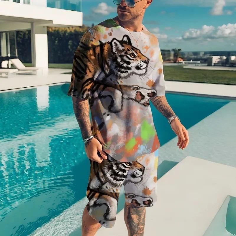 Summer New Men's Animal T-shirt Set 3D Printed Animal Pattern