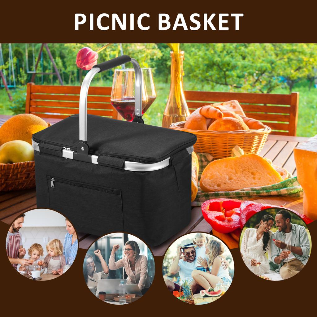 Picnic Basket Portable Folding Insulated Bag with Padded Handle and Lid Handheld Waterproof Shopping Basket for Travel Picnic